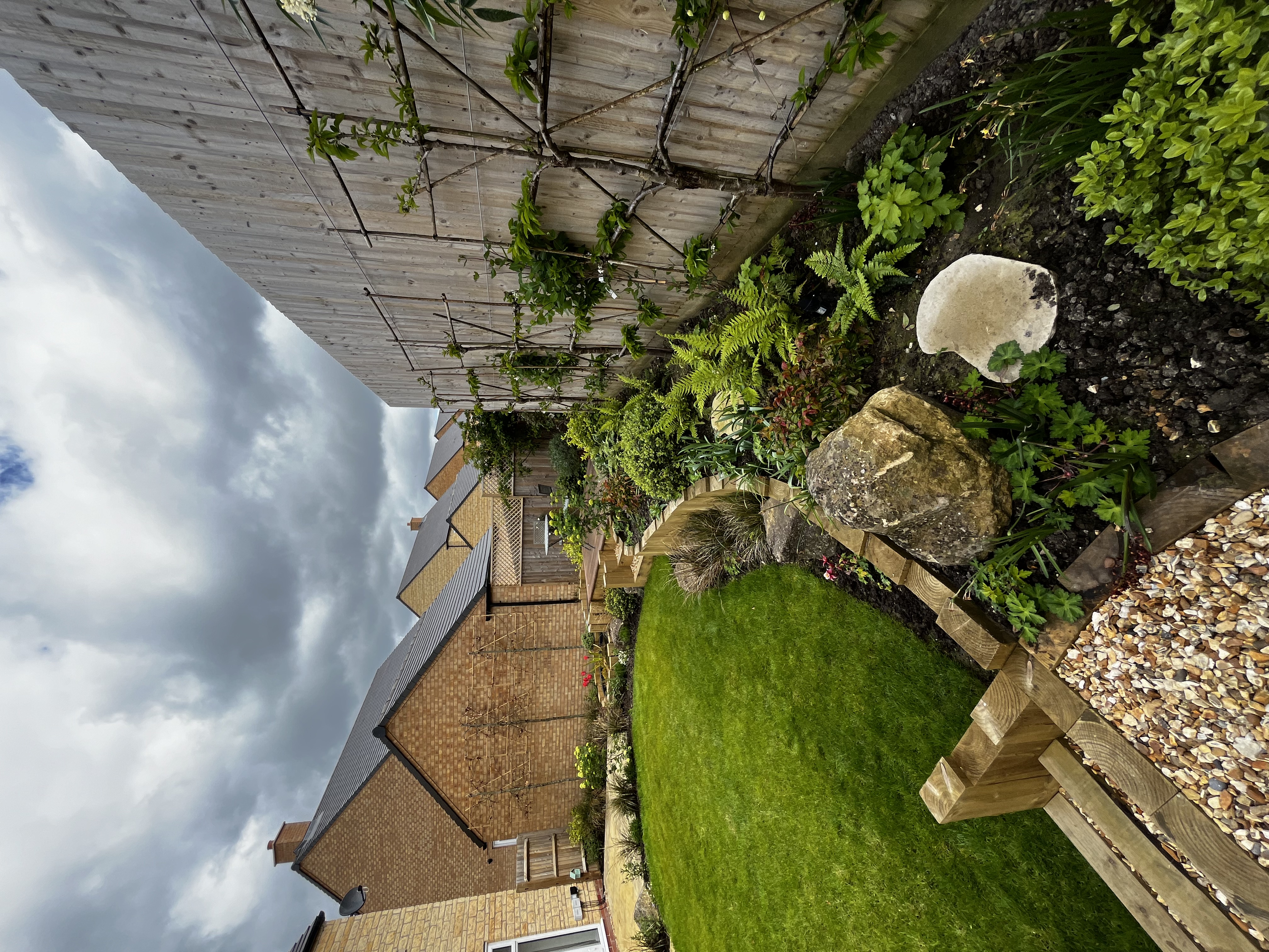 New-build town garden with a curving lawn edge, mixed border and trellis for climbing plants